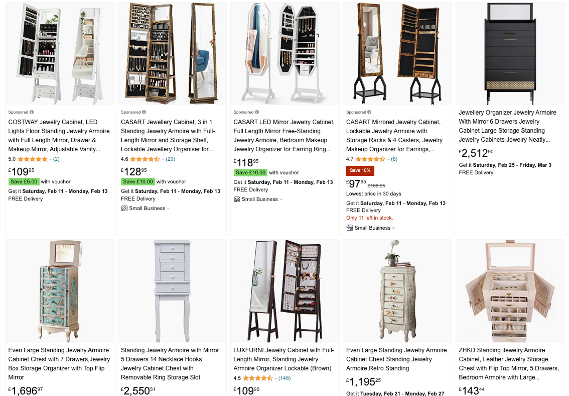 Product photo of a standing jewelry cabinet