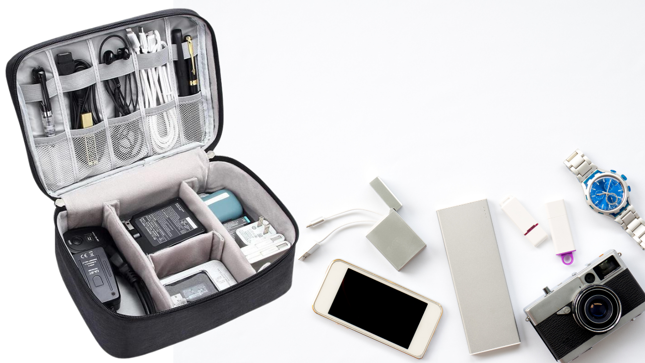 An open case holding charging cables and small accessories