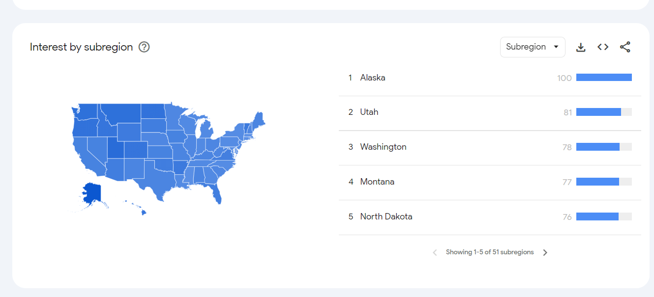 Google Trends regional-interest map showing where a product term is relatively more popular