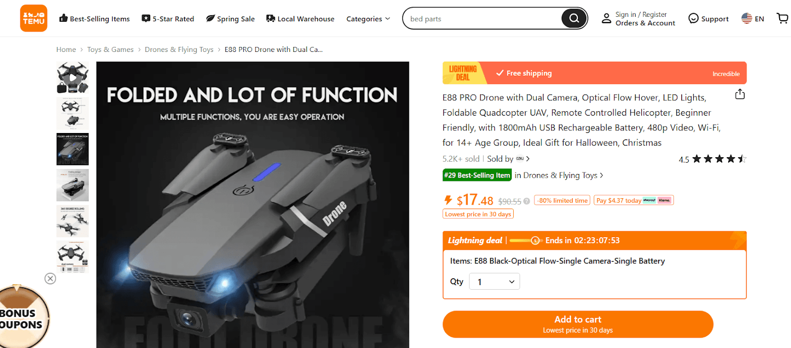 Temu product page showing a low-cost unbranded folding drone with fewer stated features