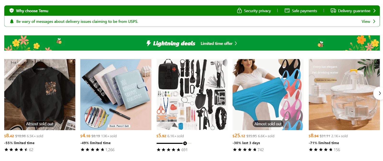 Temu marketplace page showing product listings, prices, ratings, account access, support, and a delivery guarantee