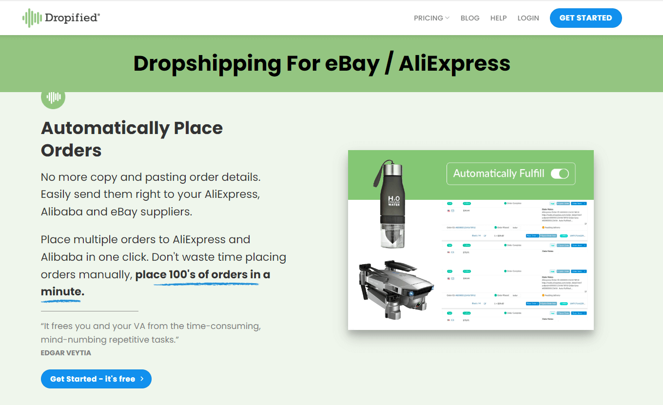 Dropified order-automation page showing a drone product and automated fulfillment controls