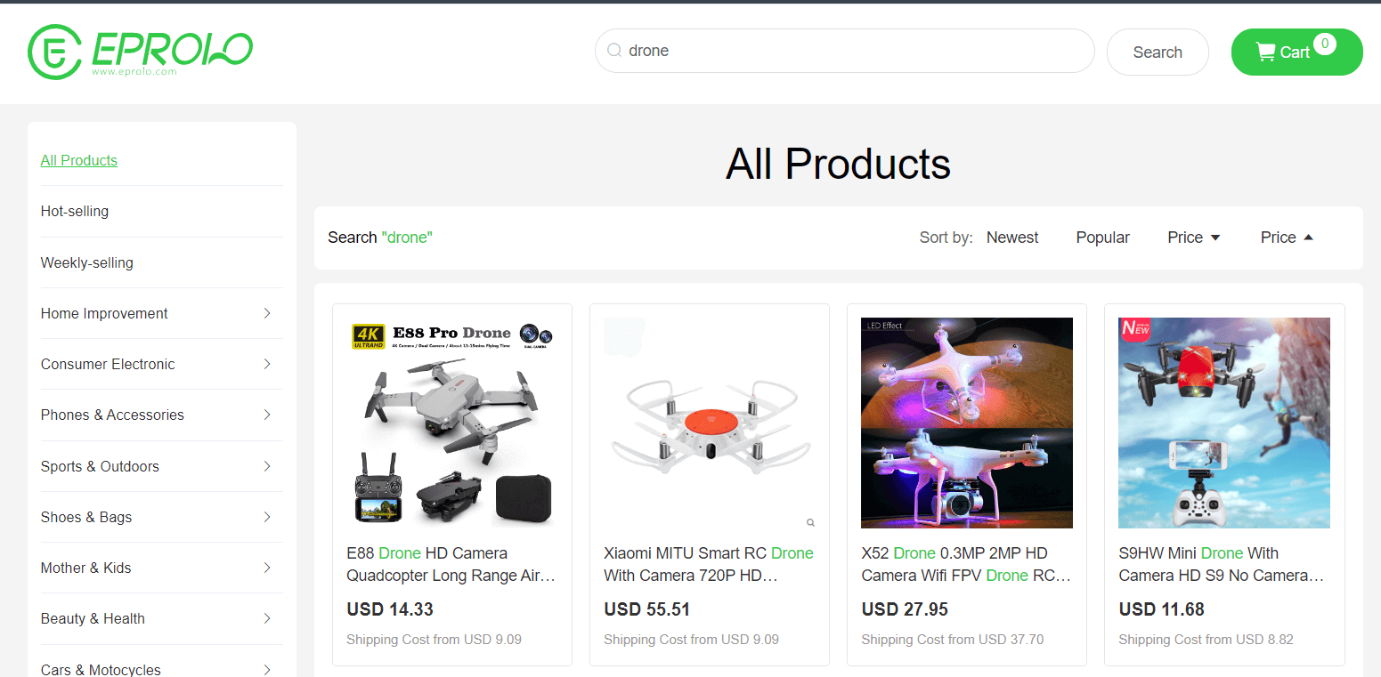 EPROLO search results for drones with product images, variants, prices, and shipping costs