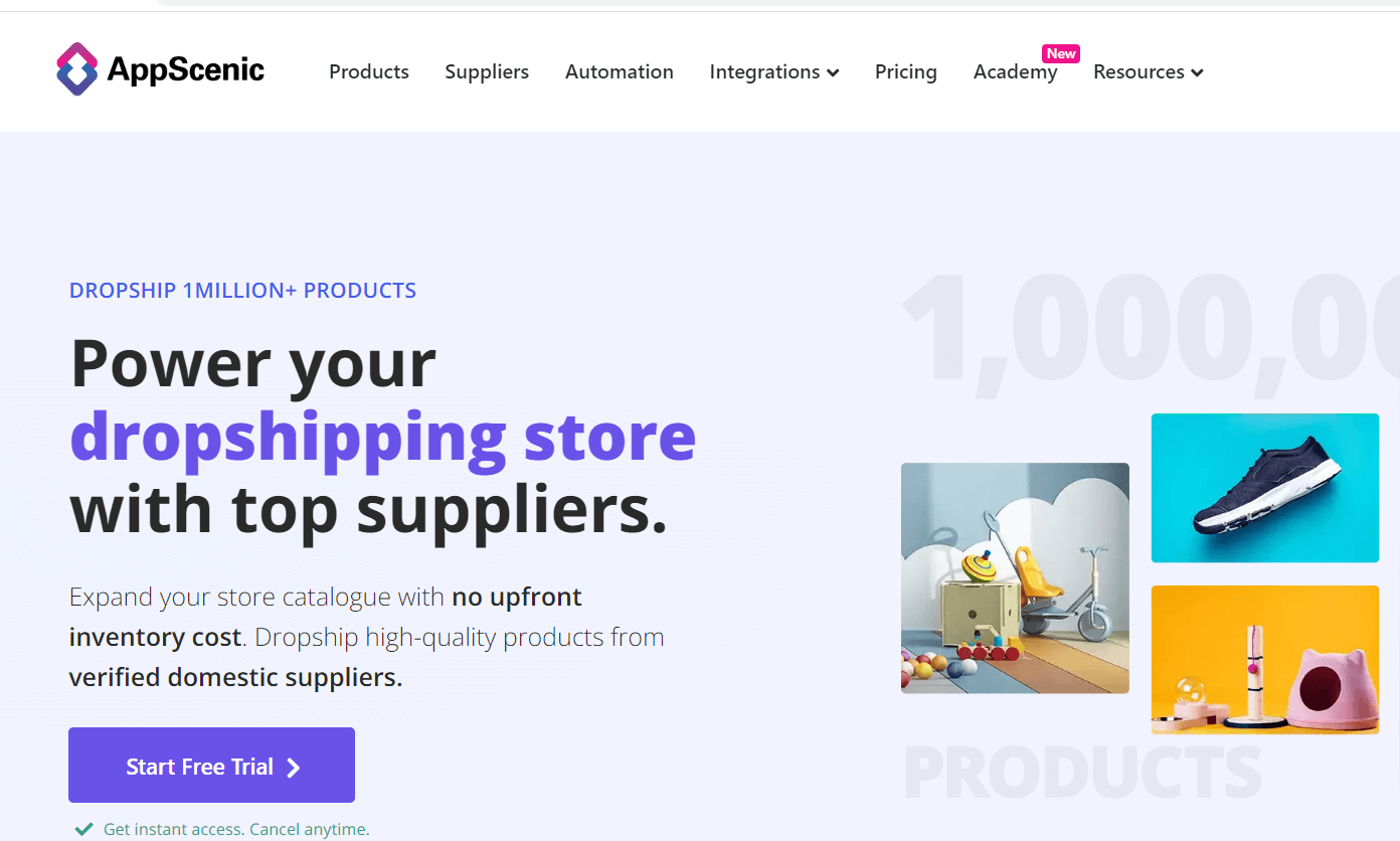 AppScenic supplier platform page promoting domestic suppliers and a large product catalog