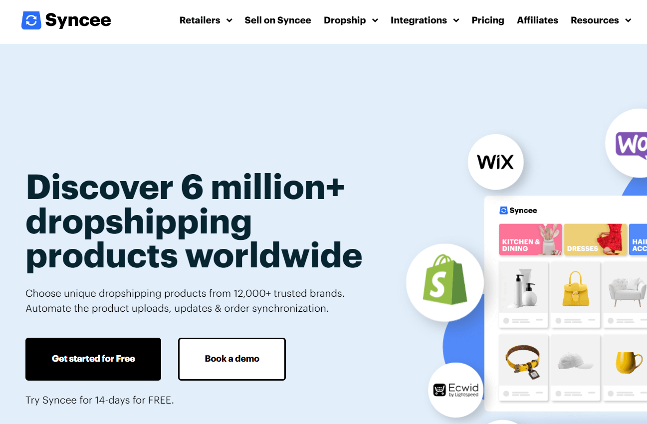 Syncee marketplace page showing its product catalog, integrations, and retailer controls