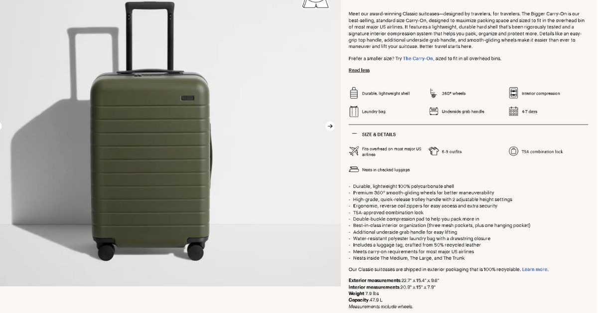 Away green carry-on beside product copy, feature icons, and size details.