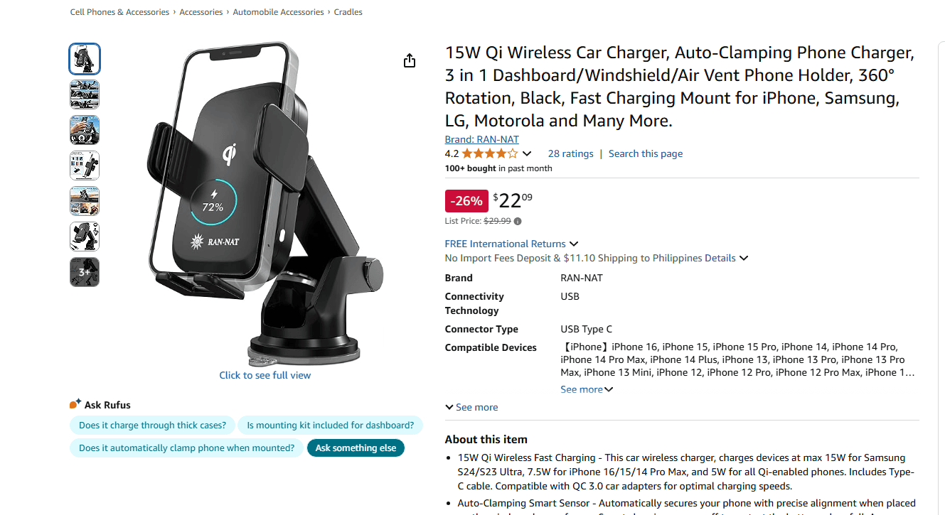 Dashboard-mounted wireless car charger shown as a possible dropshipping product.