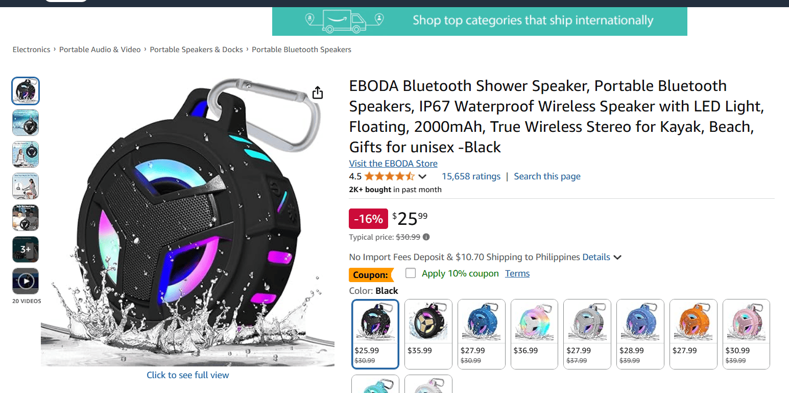 Compact Bluetooth shower speaker shown as a possible dropshipping product.