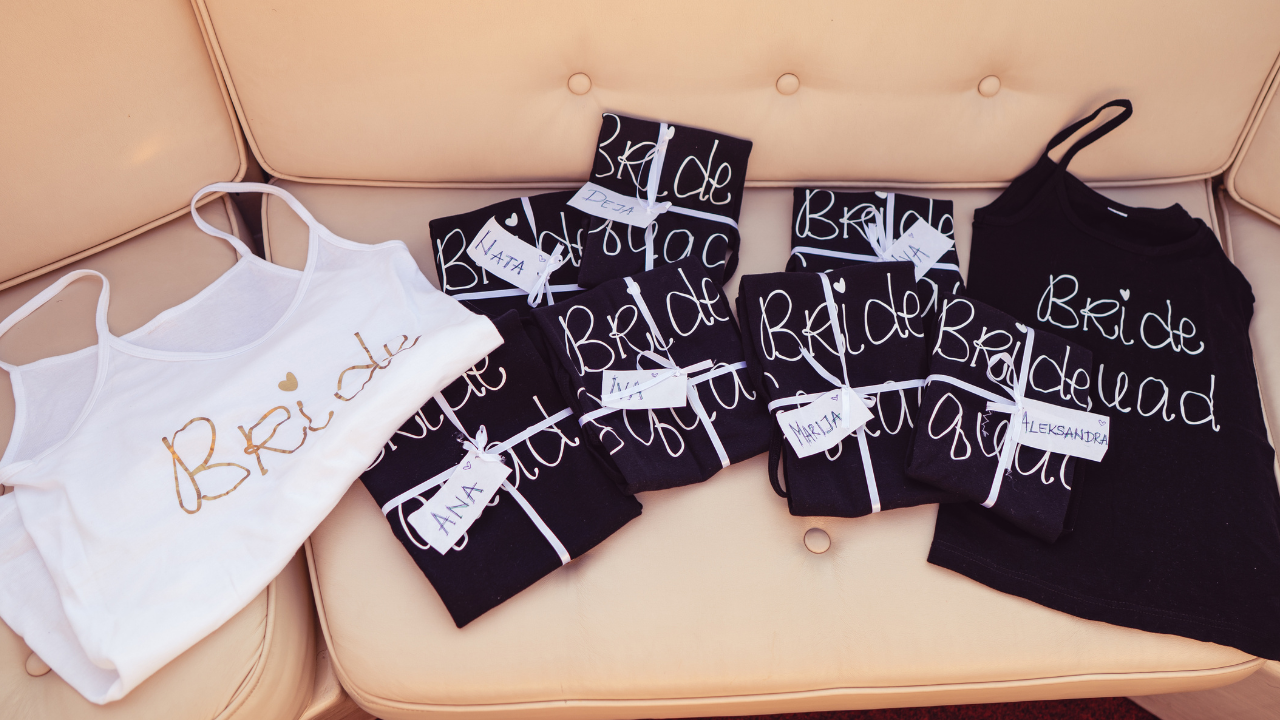 Matching bride and bridesmaid tops arranged as a gift set
