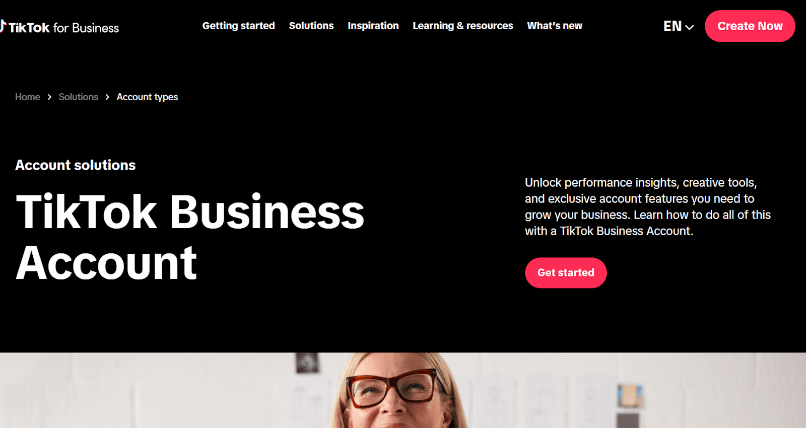 TikTok for Business account setup screen with login and registration options
