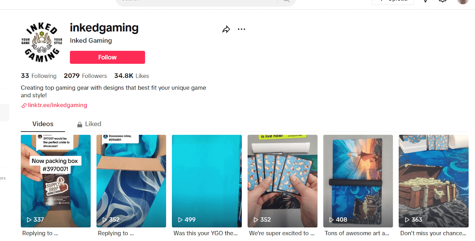 TikTok profile for Inked Gaming showing product-led videos and audience engagement