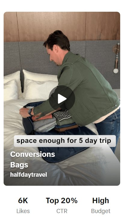 TikTok product ad for a travel bag showing a native vertical-video format