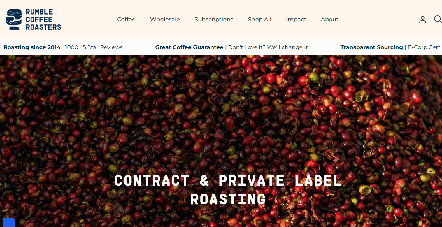 Rumble Coffee Roasters private-label coffee page