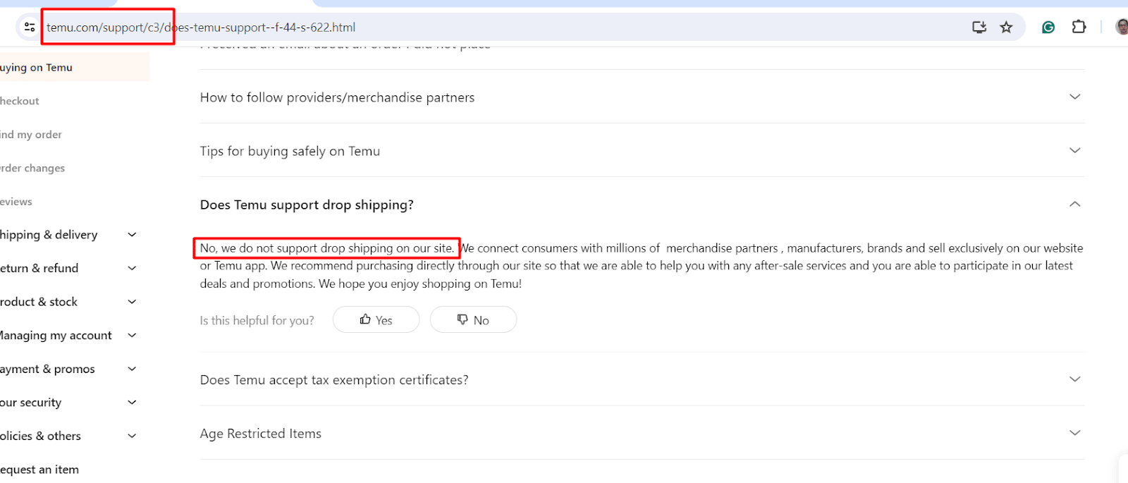 Temu support page stating that Temu doesn't support dropshipping on its site