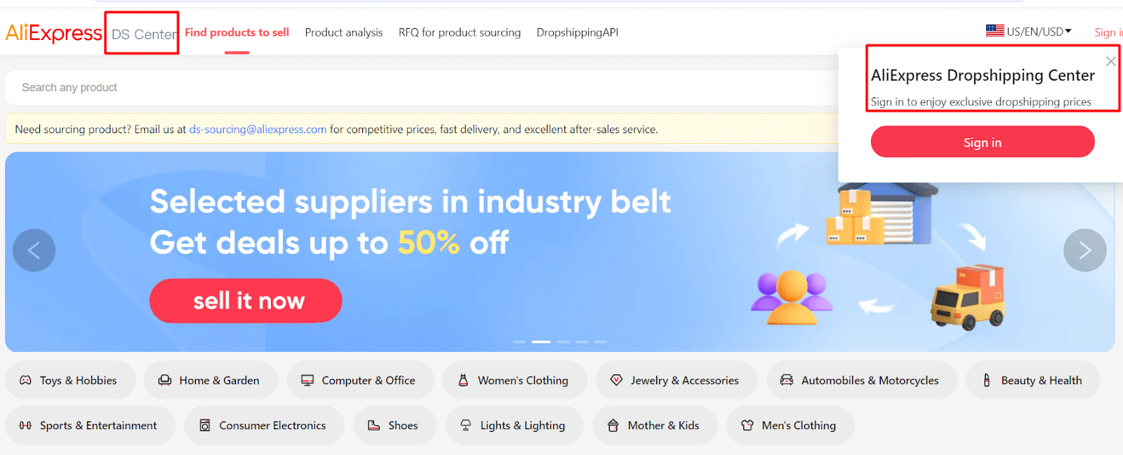 AliExpress Dropshipping Center showing product search, analysis, sourcing, and API navigation