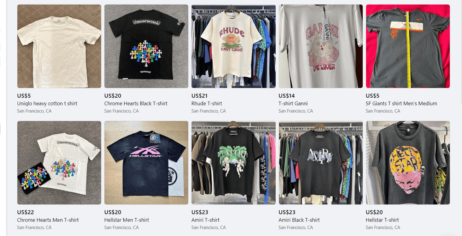 Print-on-demand T-shirts shown as a Facebook Marketplace product candidate