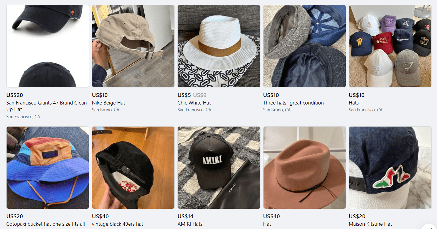 Caps and hats shown as a personalized Facebook Marketplace candidate