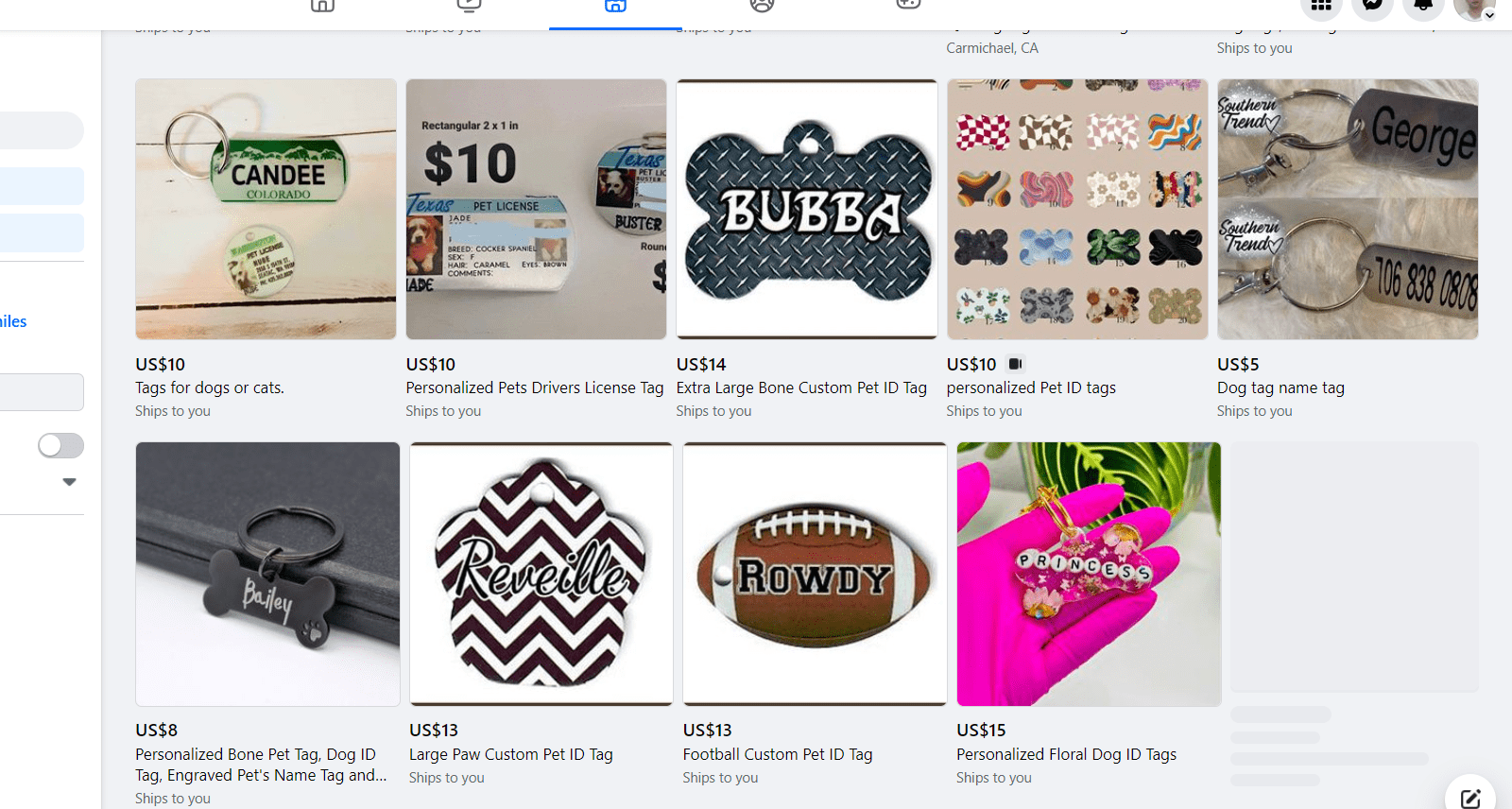 Personalized pet tags shown as a Facebook Marketplace product candidate