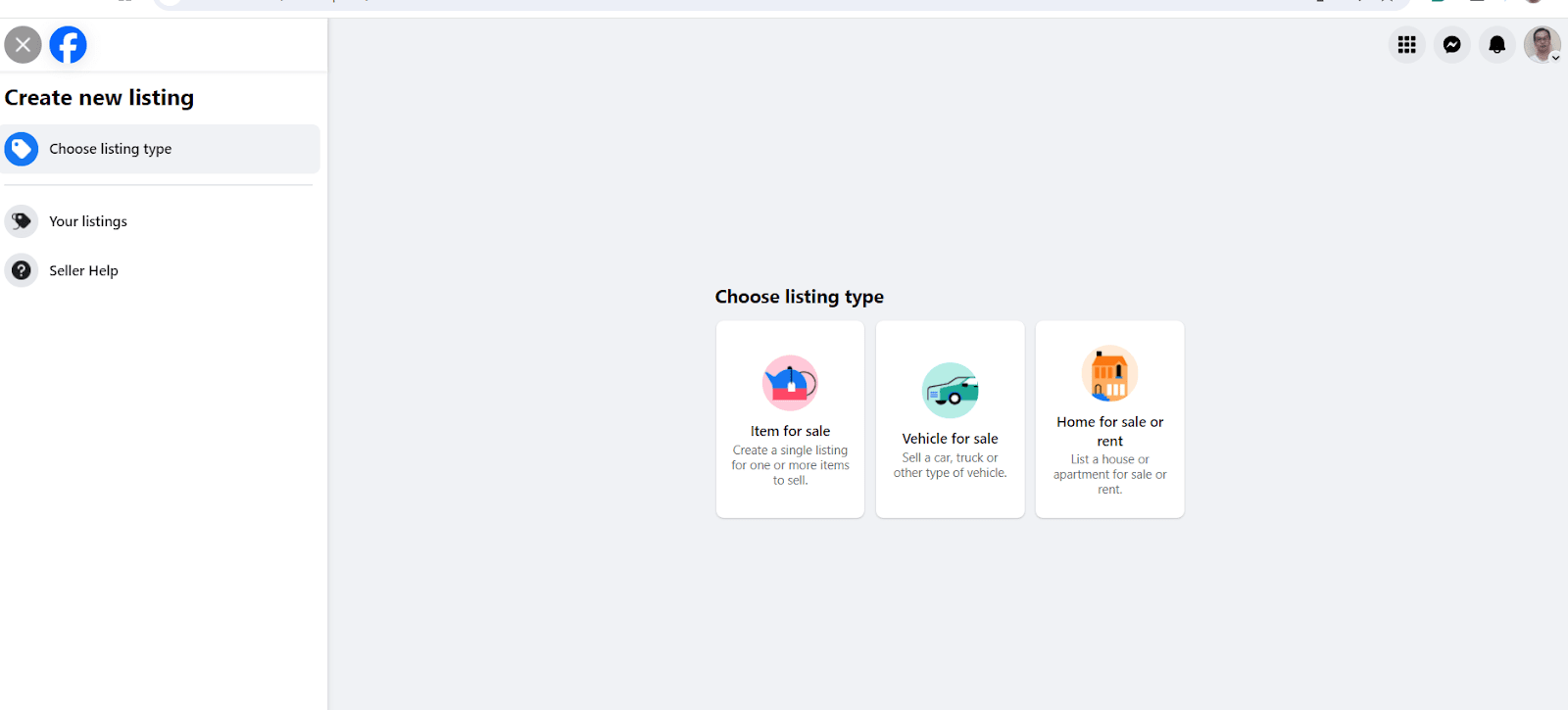 Facebook Marketplace Create New Listing screen with item, vehicle, and home listing choices