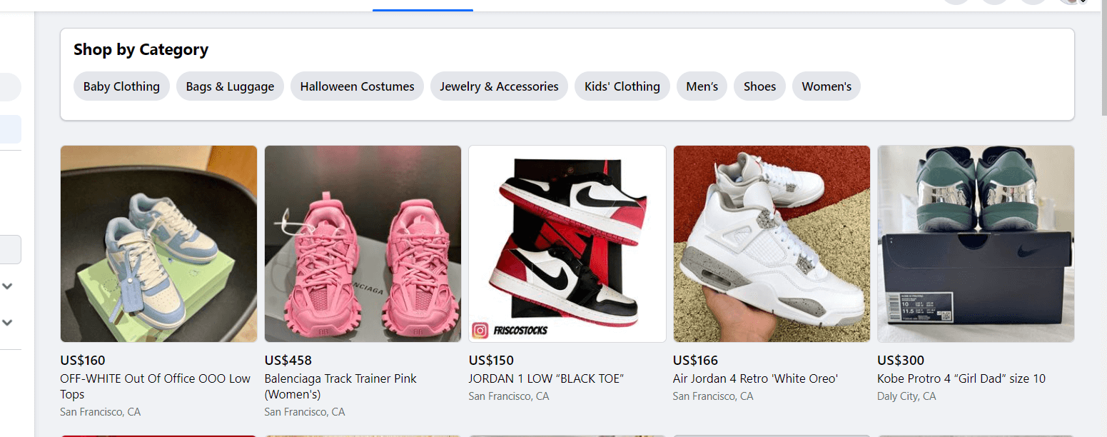 Facebook Marketplace results showing five shoe listings from different sellers