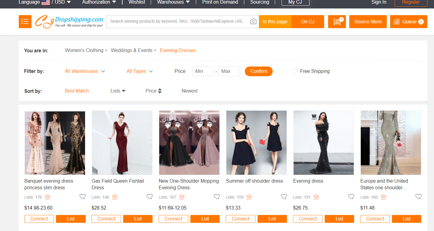 CJDropshipping apparel sourcing page