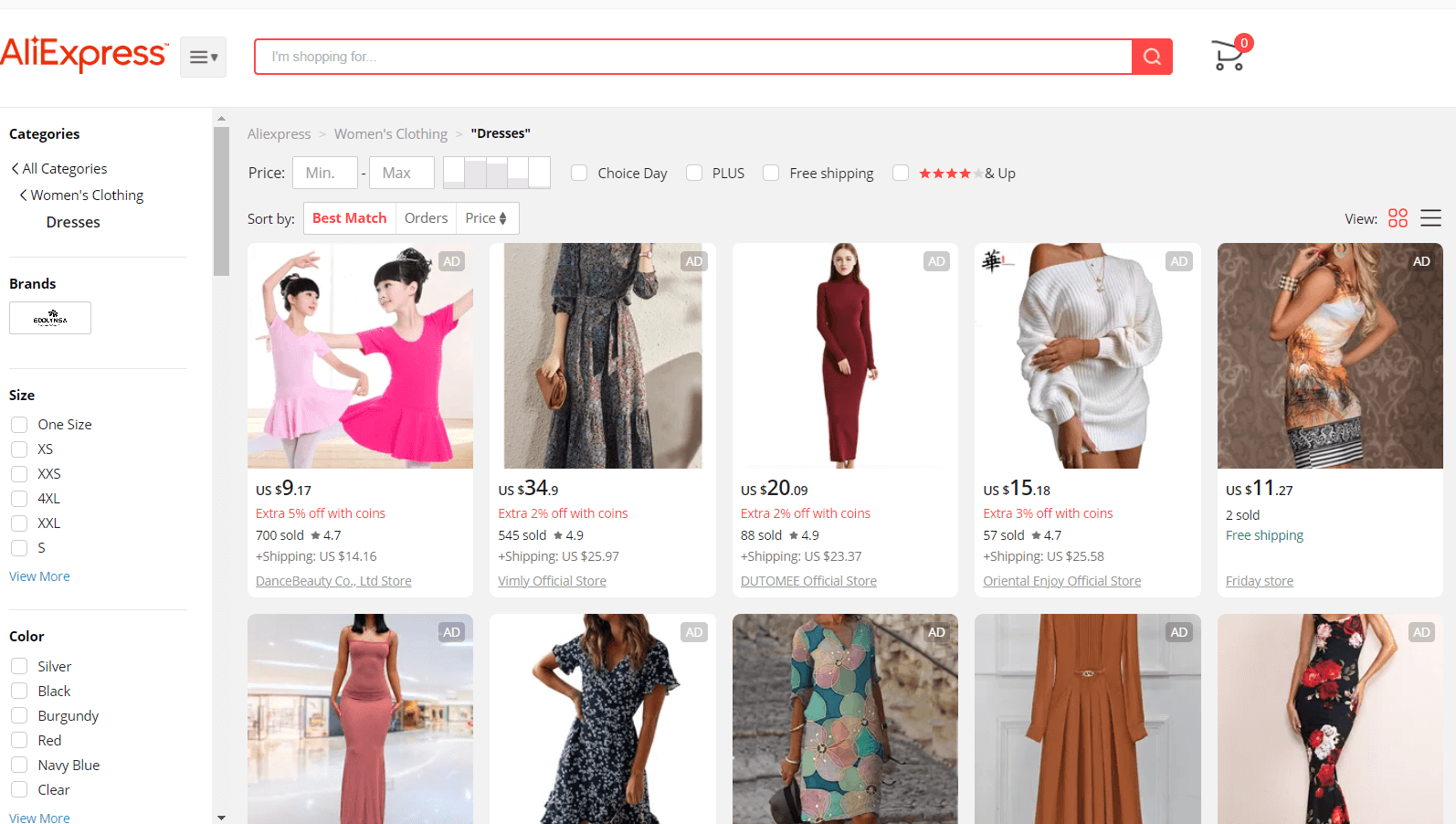 AliExpress clothing listings