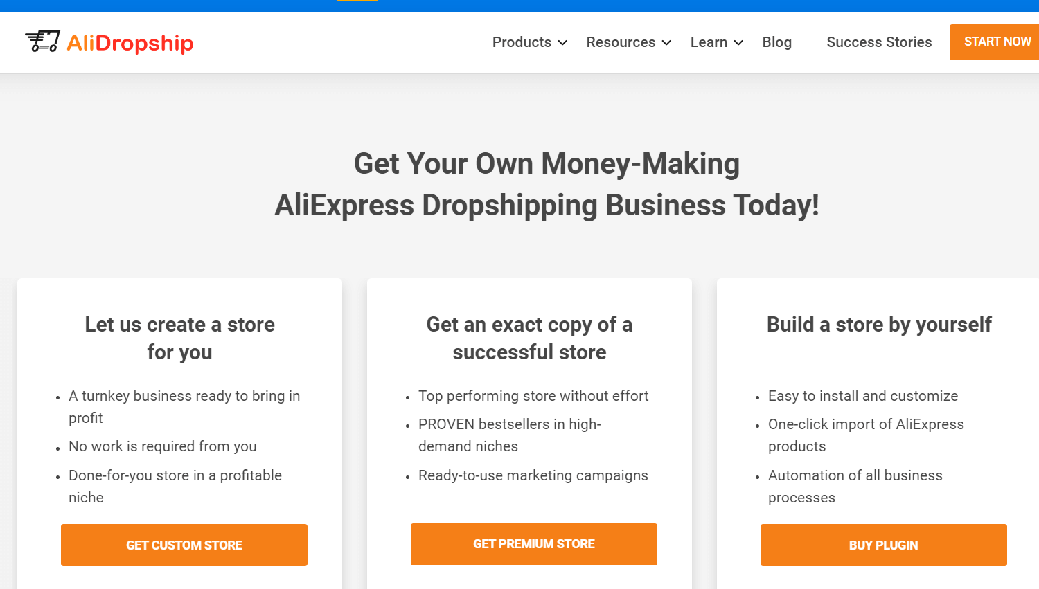 AliDropship homepage comparing custom store, premium store, and self-built plugin options