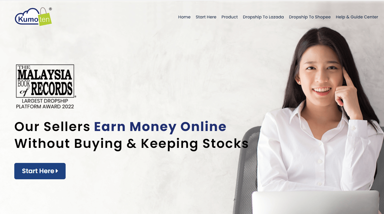 Kumoten homepage with Lazada and Shopee navigation, a Malaysia Book of Records badge, and a Start Here button