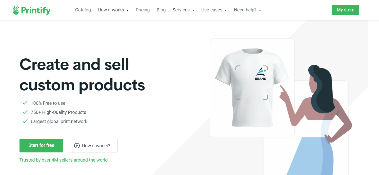 Printify homepage showing a custom T-shirt mockup and print-on-demand product claims