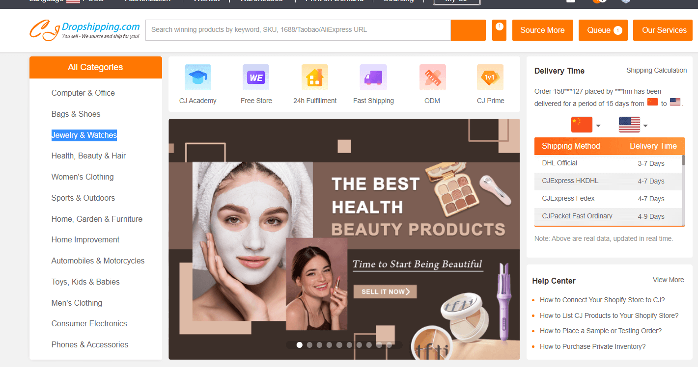CJDropshipping dashboard with product categories, sourcing search, and a China-to-US delivery-time calculator
