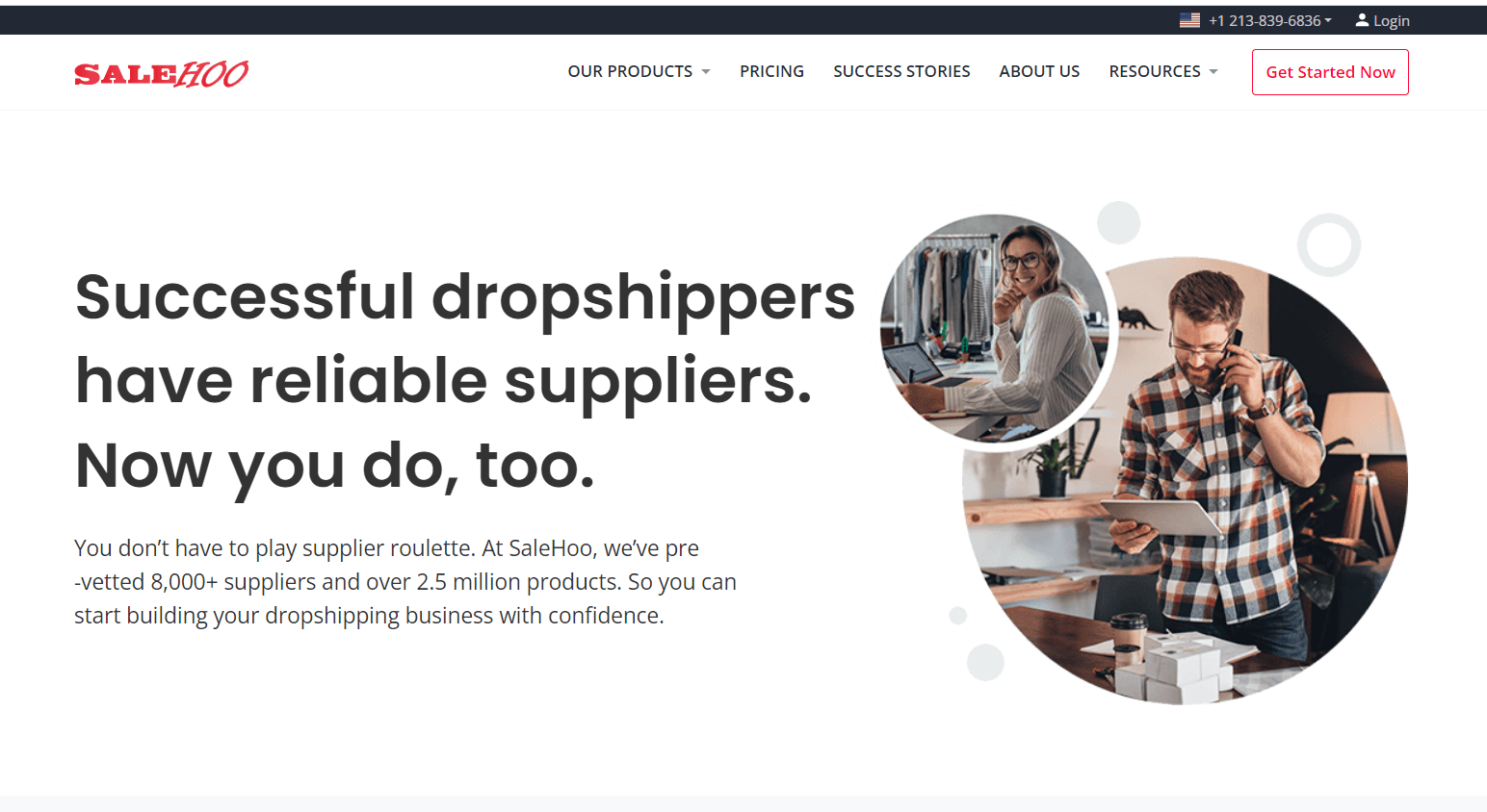 SaleHoo homepage with its supplier-directory claim and Get Started button