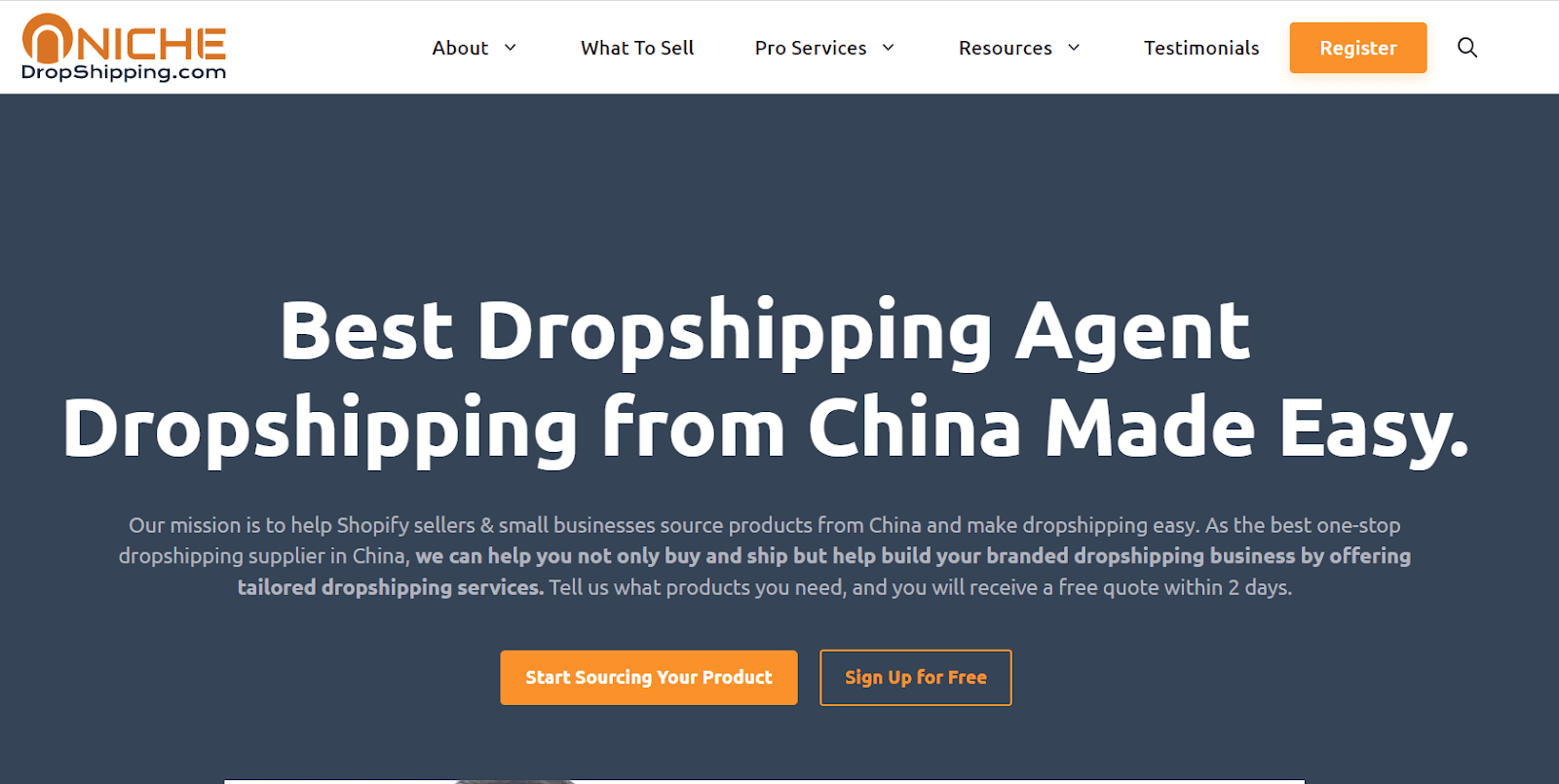 NicheDropshipping homepage with sourcing-service navigation and buttons to request product sourcing