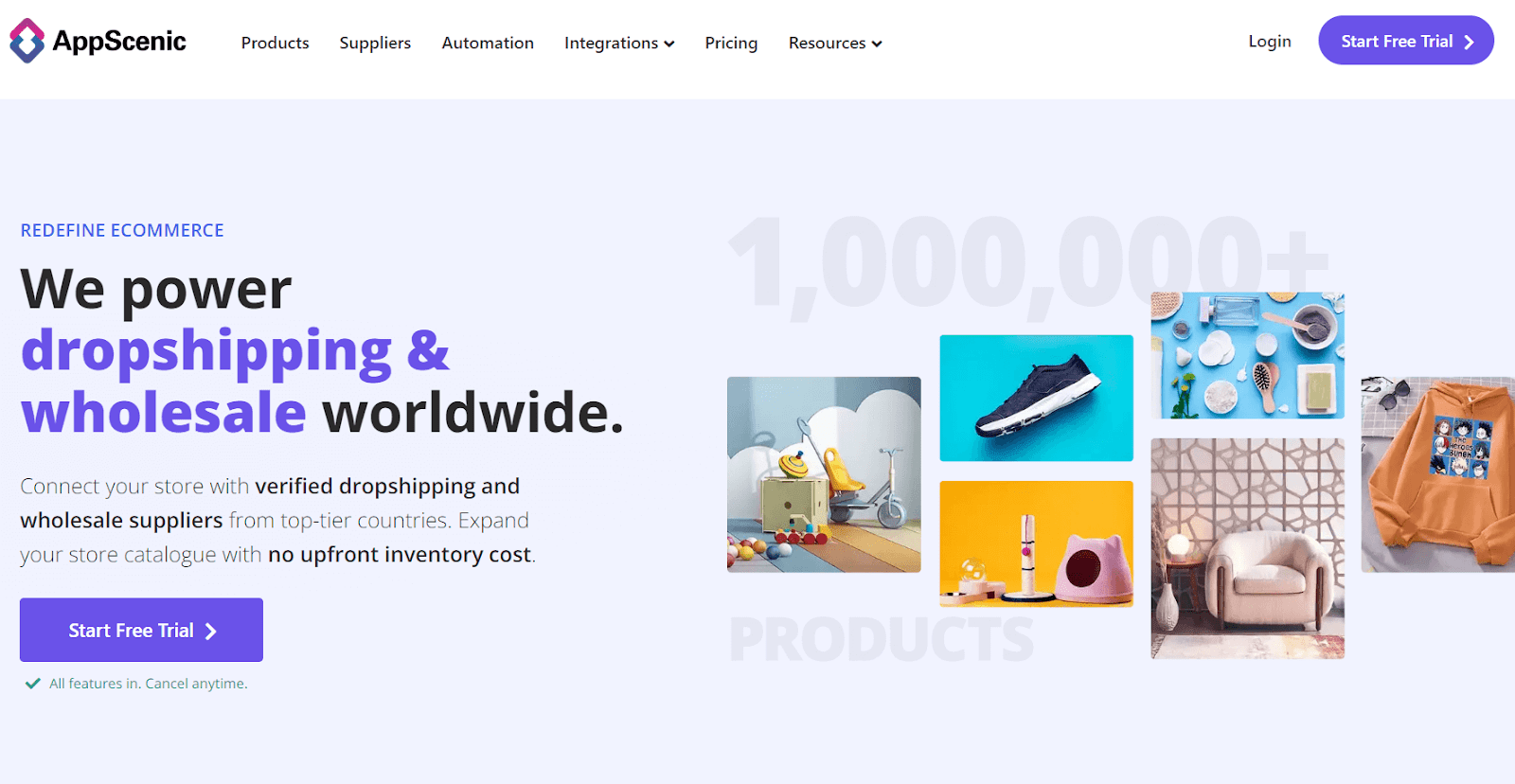 AppScenic homepage with automation navigation and a grid of wholesale product images