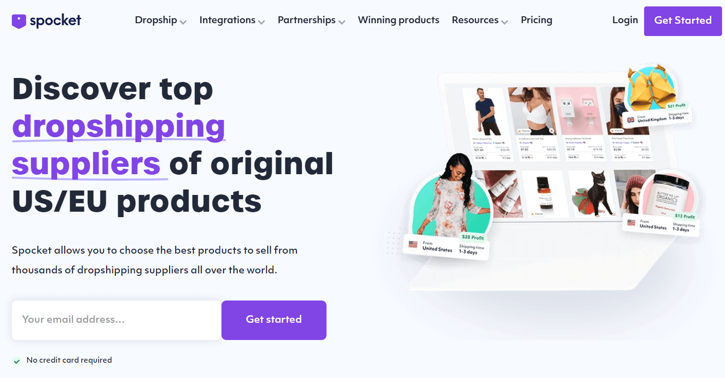 Spocket homepage with US and EU supplier messaging and sample product cards