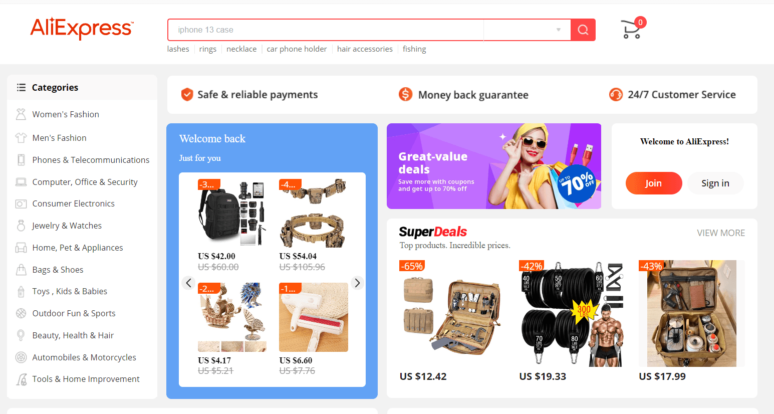AliExpress marketplace homepage with categories, search, product deals, and sign-in controls