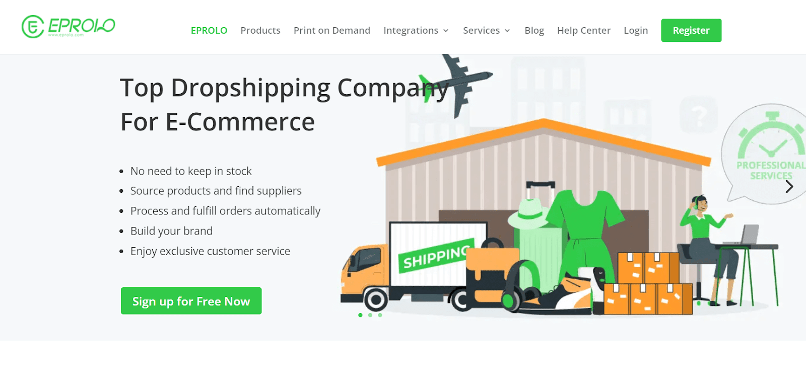 EPROLO platform homepage with product-sourcing and fulfillment messaging