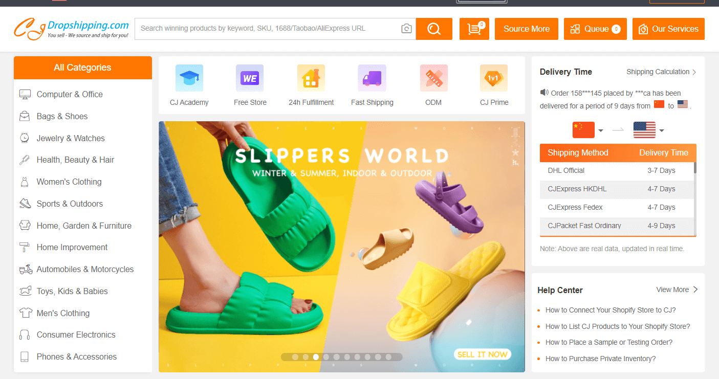 CJDropshipping dashboard with product categories and fulfillment controls