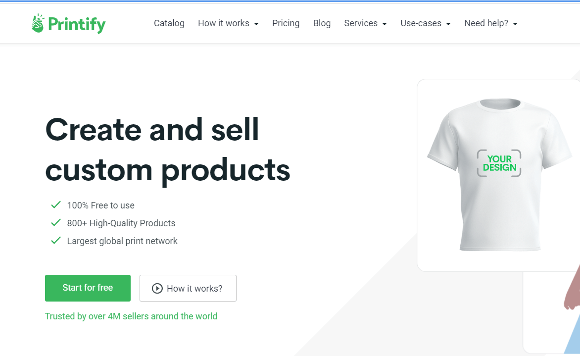 Printify homepage showing its print-on-demand product catalog