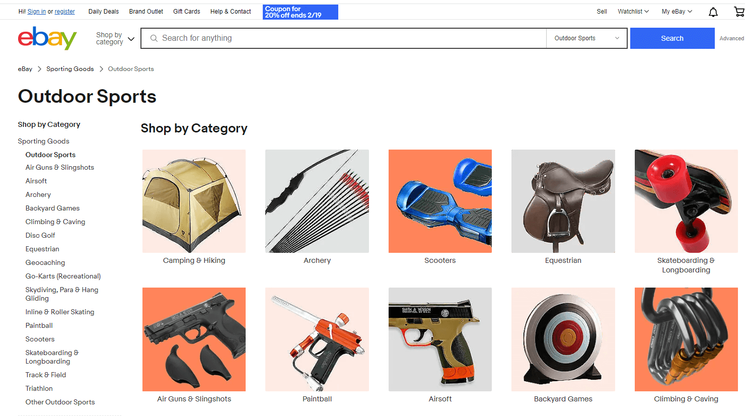 eBay Outdoor Sports category page showing product categories and examples