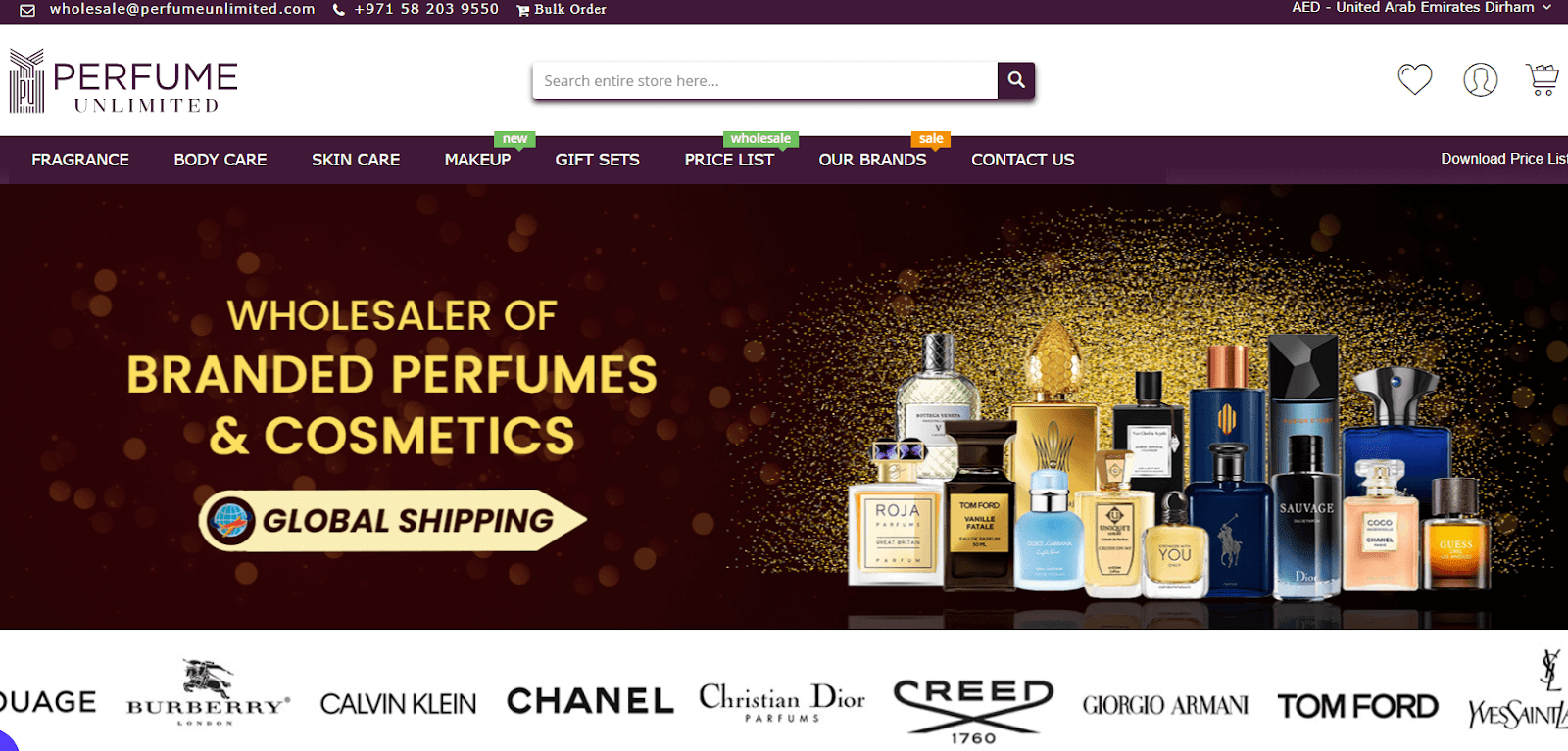 Perfume supplier storefront displaying branded fragrance categories
