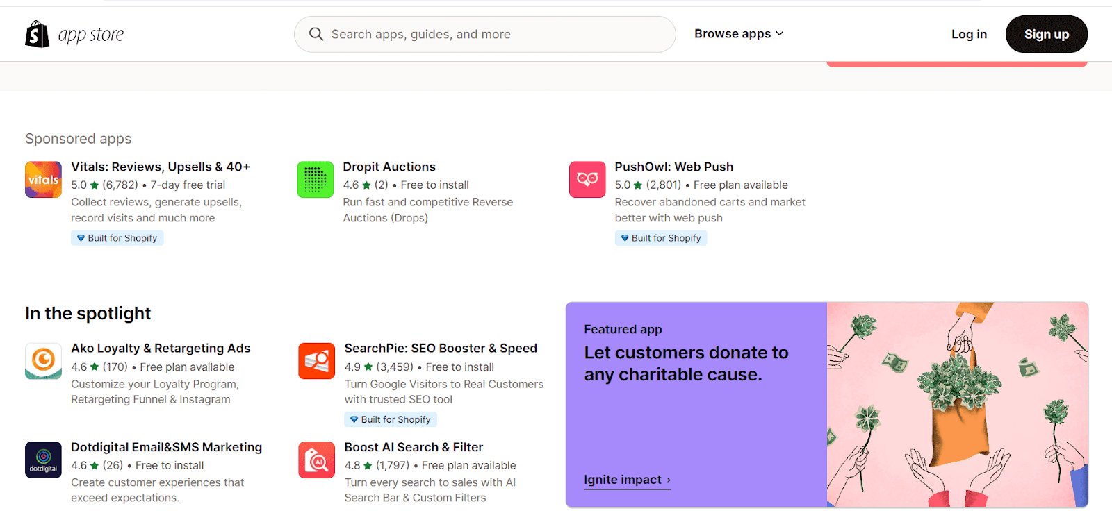 Shopify App Store page showing categories and featured integrations