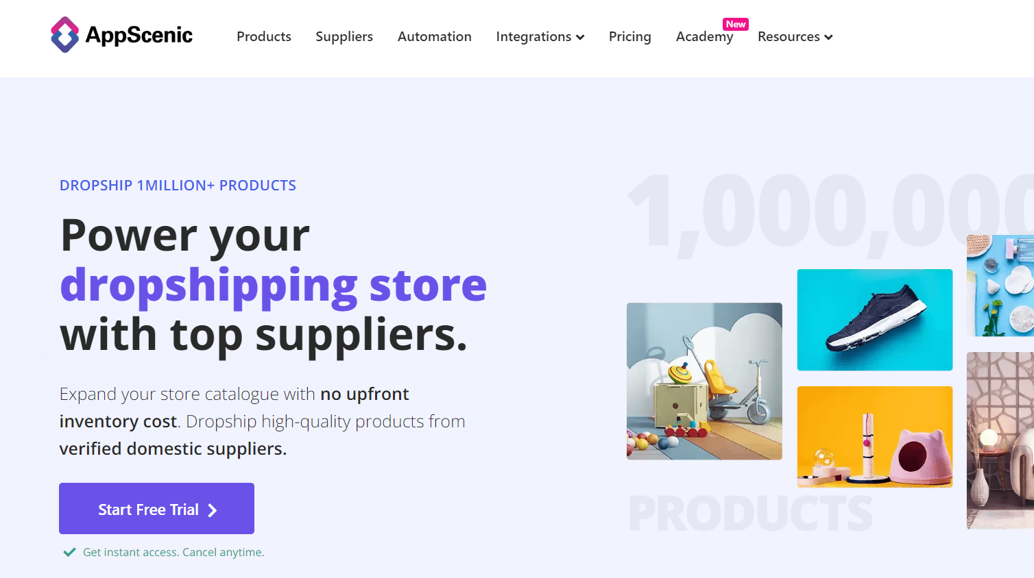 AppScenic homepage with a domestic-supplier headline and sample product tiles