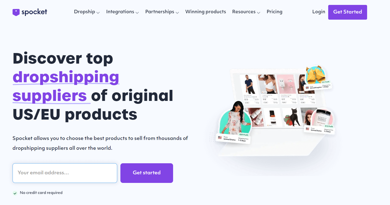 Spocket homepage with US and EU supplier headline and product cards showing origin and shipping labels