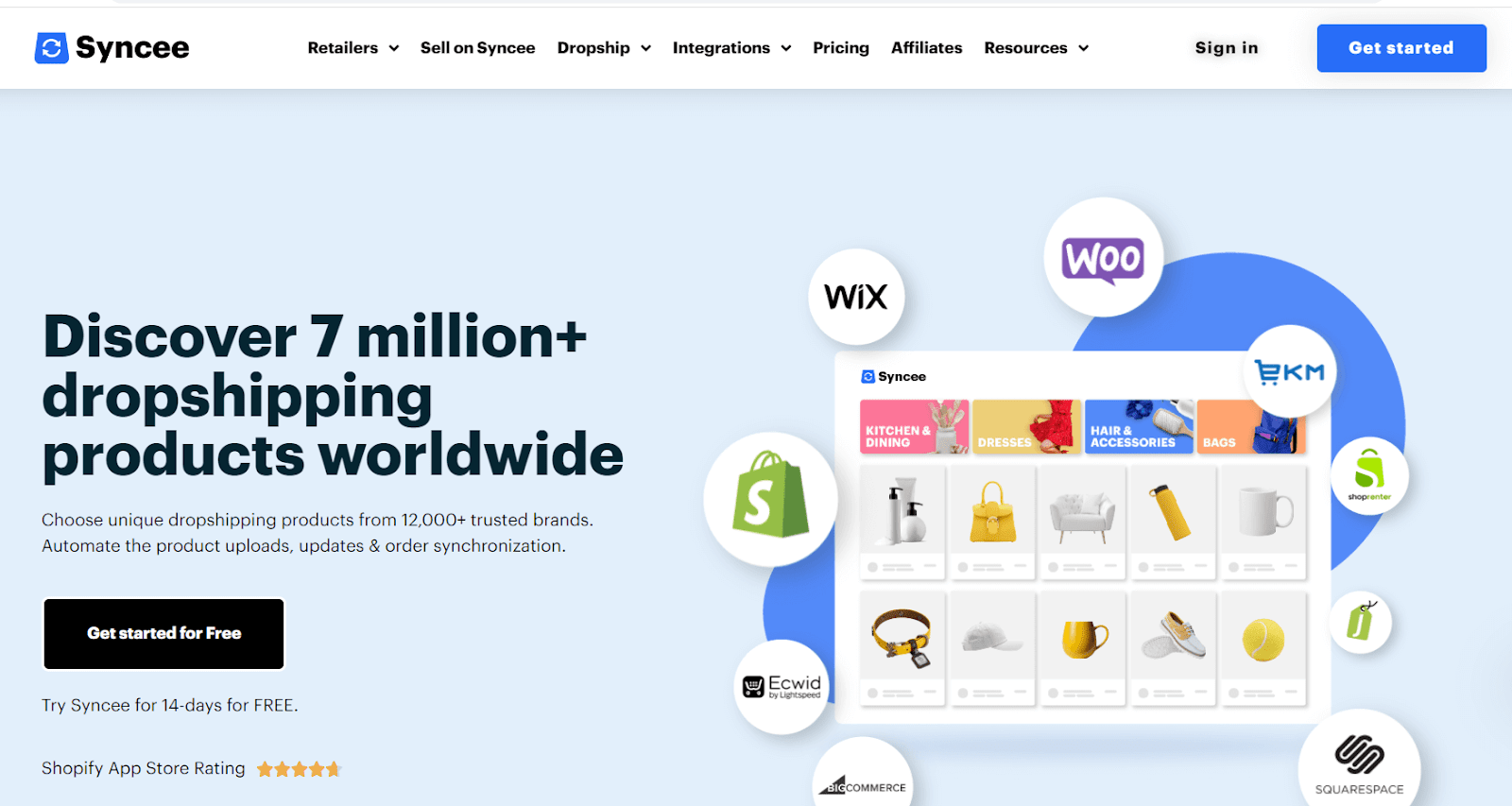 Syncee homepage with a product grid and icons for supported ecommerce platforms
