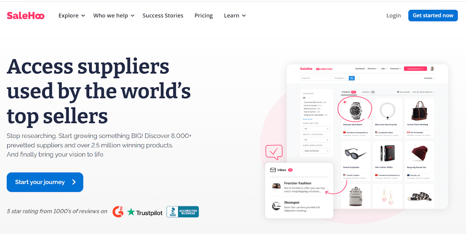 SaleHoo homepage with a supplier-directory screen, product cards, filters, and message inbox