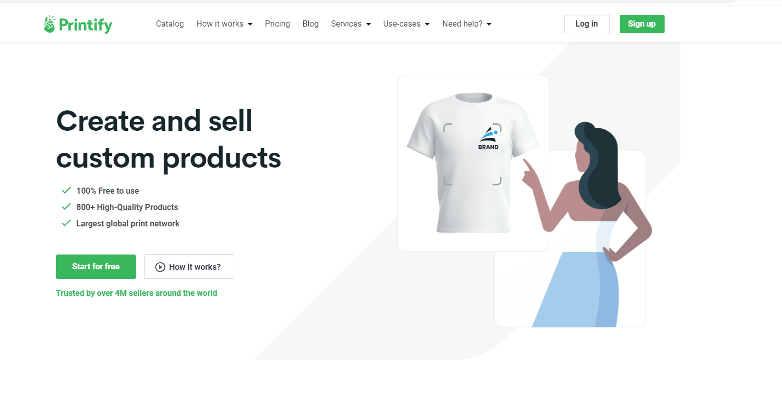 Printify homepage with a custom T-shirt mockup, signup button, and product-network claims