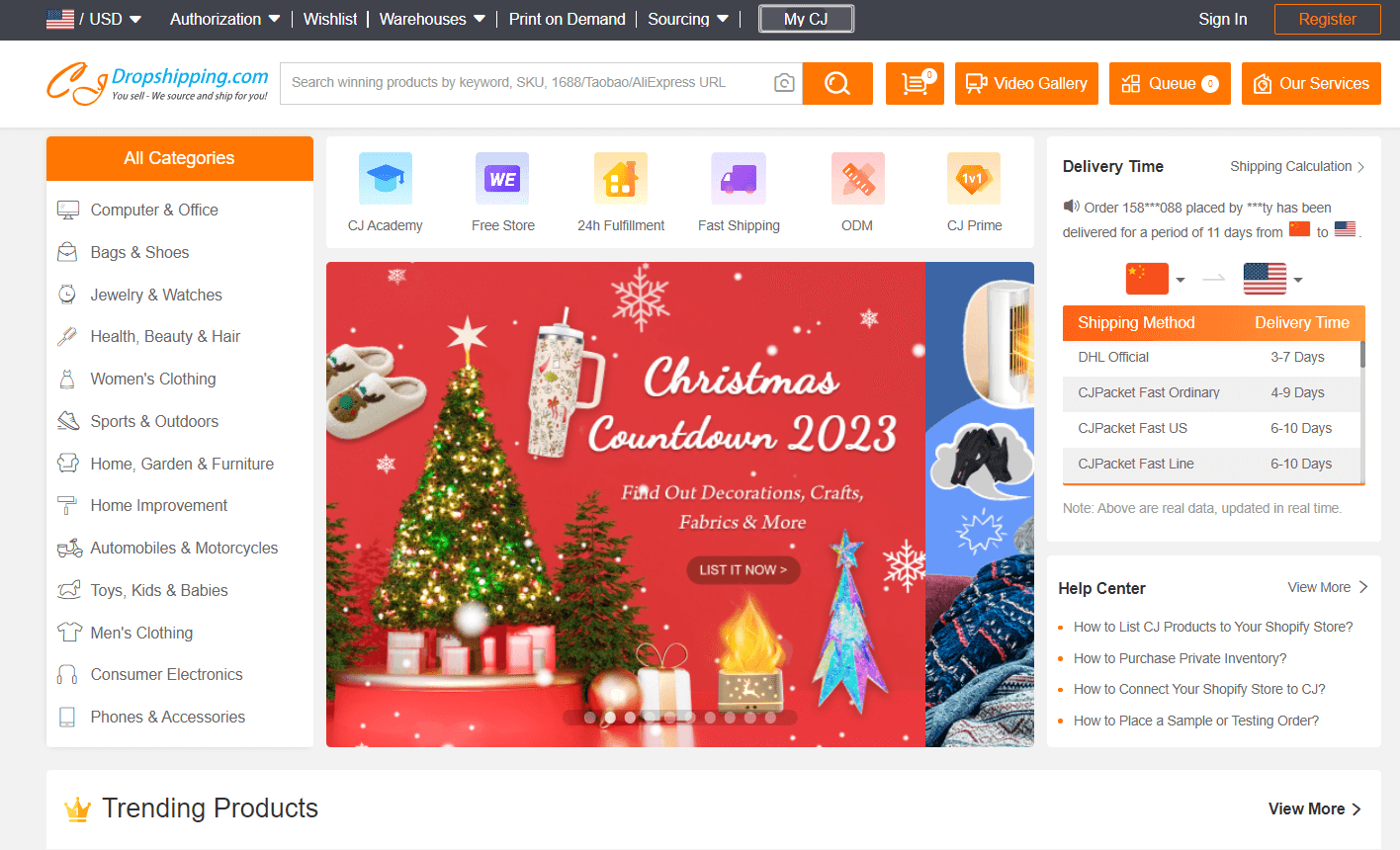 CJDropshipping dashboard with product categories, search, warehouse tools, and a delivery-time table