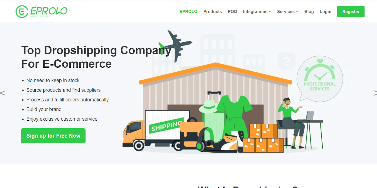 EPROLO homepage with sourcing and fulfillment service list beside a warehouse and shipping illustration