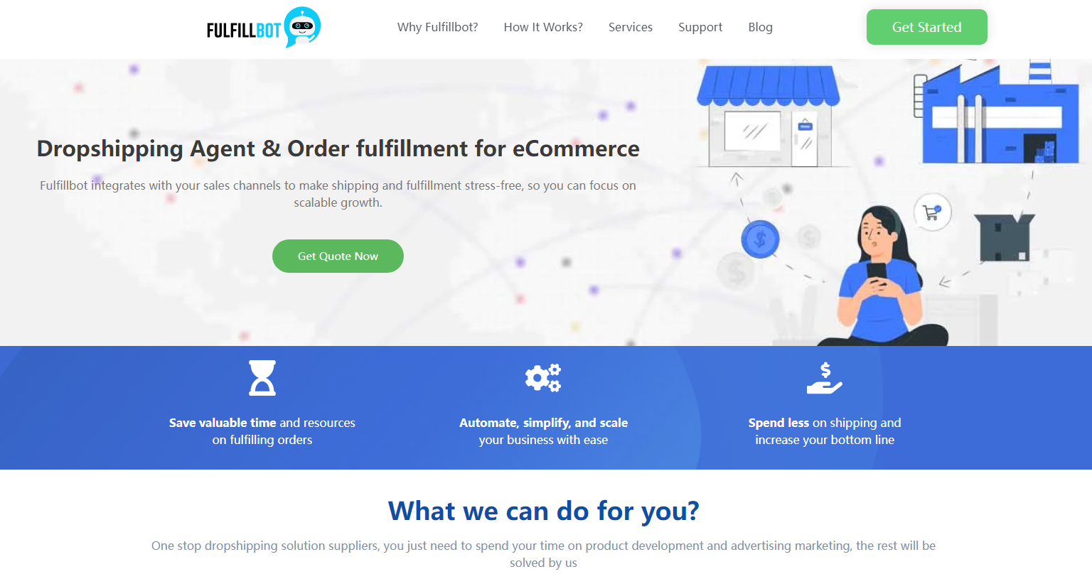 Fulfillbot homepage with dropshipping-agent headline, fulfillment illustration, and service benefits