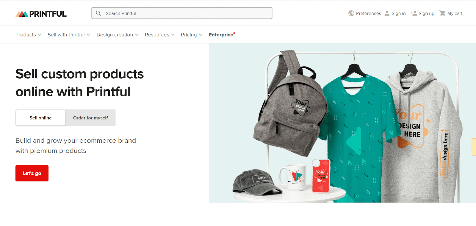 Printful homepage with custom backpack, shirt, cap, mug, phone case, and hoodie mockups